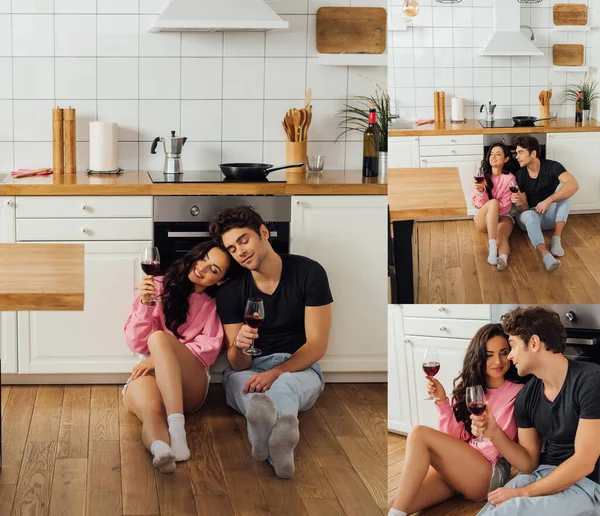Collage of smiling couple drinking wine of floor in kitchen — Stock Photo