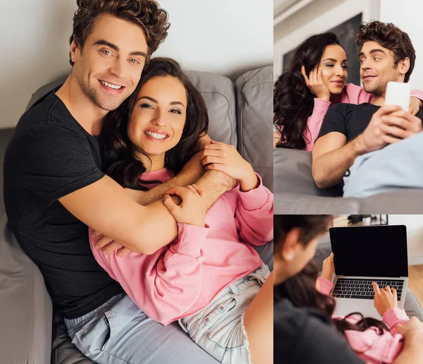 Collage de couple souriant embrassant et utilisant des gadgets dans le salon — Photo de stock