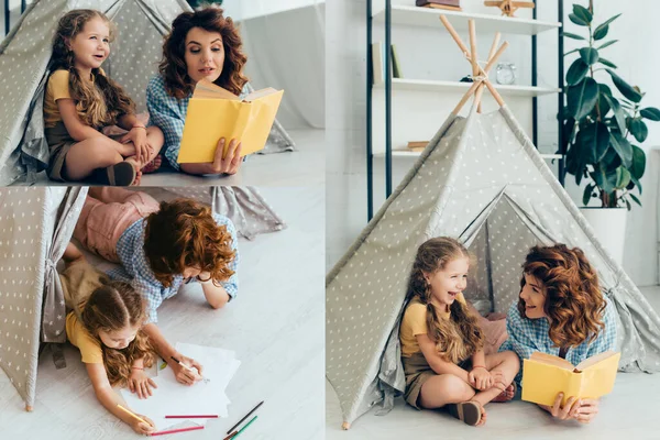 Коллаж счастливой няни и ребенка чтение книги и рисование в игрушечном вигваме — стоковое фото