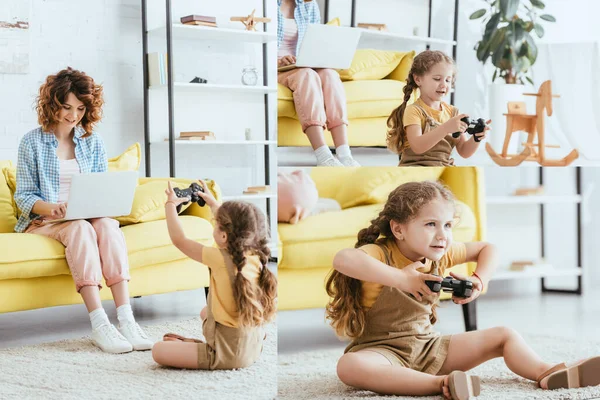 KYIV, UKRAINE - JUNE 19, 2020: collage of young nanny working on laptop while child playing video game on floor — Stock Photo