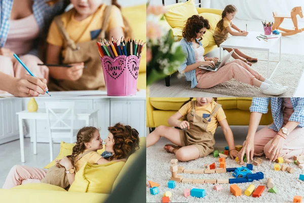 Collage de niñera trabajando en laptop, jugando juntos y divirtiéndose con el niño - foto de stock