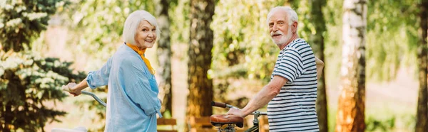 Panoramic crop of senior couple smiling at camera near bicycles in park during summer — Stock Photo