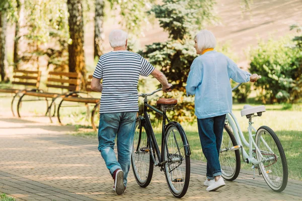 Back view of senior couple walking near bicycles in park — Stock Photo