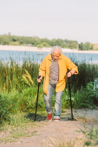 Selective focus of senior man with walking sticks walking on path in park — Stock Photo