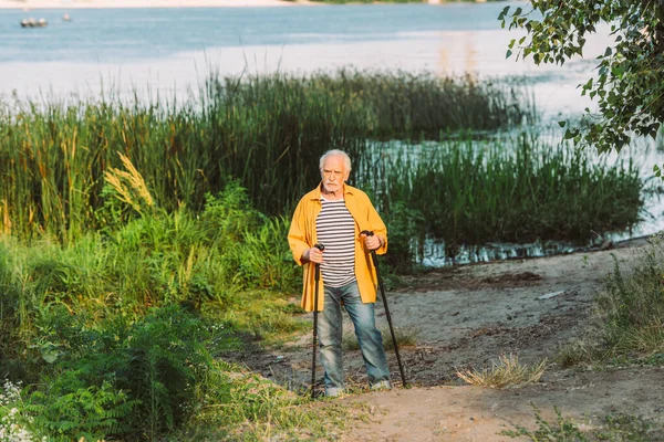 Uomo anziano che tiene bastoni da passeggio sul sentiero nel parco estivo — Foto stock