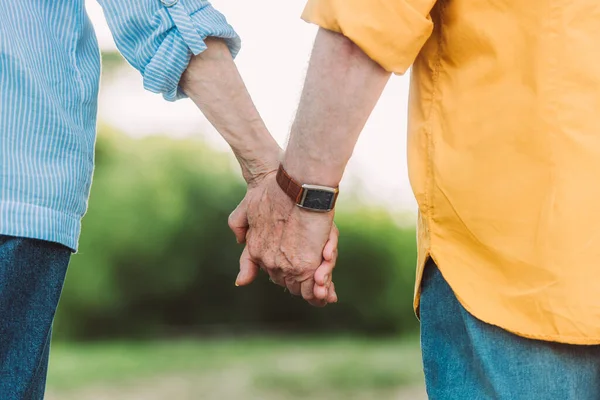 Vista recortada de pareja de ancianos tomados de la mano al aire libre - foto de stock