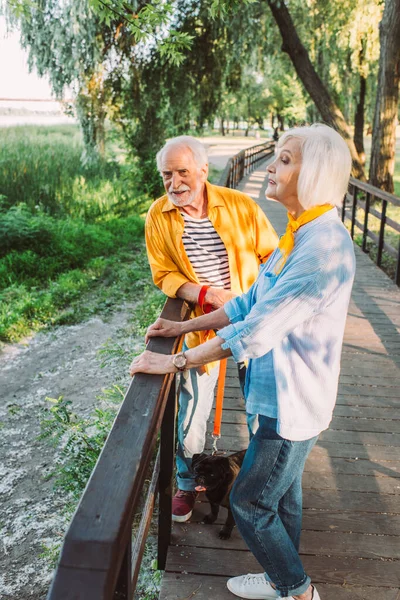 Ältere Frau steht neben lächelndem Ehemann mit Mops-Hund an der Leine auf Brücke im Park — Stockfoto