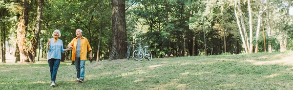 Panoramic shot of smiling senior woman pointing with finger while walking near husband in park — Stock Photo