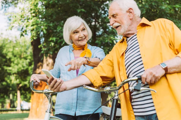Foco seletivo de homem feliz segurando smartphone enquanto esposa apontando com o dedo perto de bicicletas no parque — Fotografia de Stock