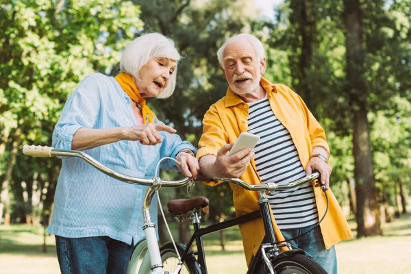 Senior woman pointing at smartphone beside husband and bicycles in summer park — Stock Photo