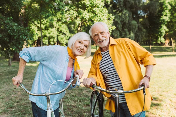 Grey haired couple smiling at camera near bikes in park during summer — Stock Photo