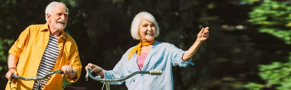Panoramic shot of smiling elderly woman pointing with finger near husband and bikes in park — Stock Photo