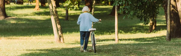 Foto panorámica de la mujer mayor caminando cerca de la bicicleta en el parque - foto de stock