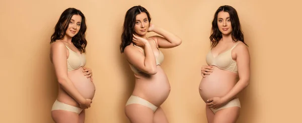 Collage of young pregnant woman in underwear touching tummy, hair and looking at camera on beige, panoramic shot — Stock Photo