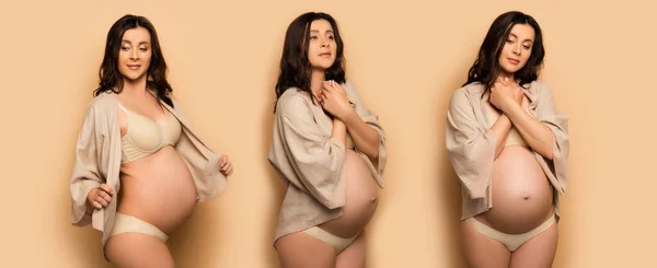 Colagem de mulher grávida pensativa de mãos dadas perto do peito, e camisa tocante em bege, conceito panorâmico — Fotografia de Stock