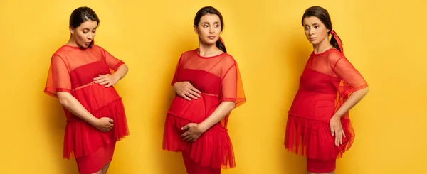Collage di giovane donna in tunica rossa che tocca la pancia, e preoccupante mentre tocca l'anca sul giallo, concetto panoramico — Foto stock