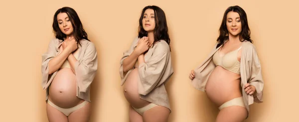 Коллаж мечтательной беременной женщины, держащейся за руки возле груди, и трогательной рубашки на бежевом, горизонтальном изображении — стоковое фото