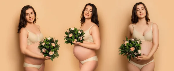 Collage of young pregnant woman holding bouquet of fresh flowers on beige, horizontal concept — Stock Photo