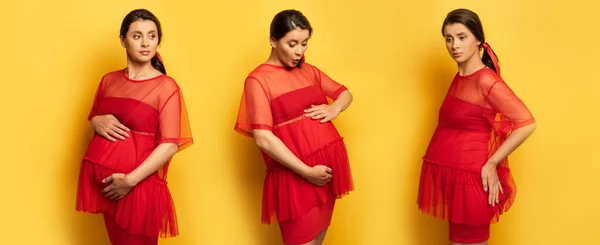 Collage di giovane donna incinta toccando pancia e preoccupante toccando anca su giallo, concetto panoramico — Foto stock