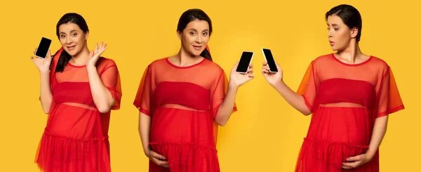 Колаж вагітної жінки махає рукою і торкається живота, тримаючи смартфон з порожнім екраном на жовтому, горизонтальному зображенні — Stock Photo