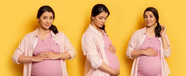 Collage of pregnant woman in pink t-shirt touching belly and looking at camera on yellow, panoramic concept — Stock Photo