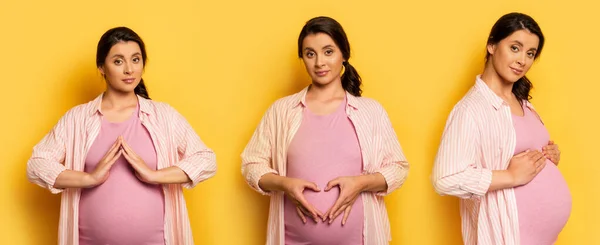 Collage de mujer embarazada joven mostrando gesto protector, símbolo del corazón y la barriga conmovedora en amarillo, tiro panorámico - foto de stock