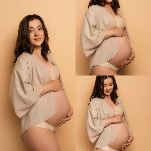 Collage einer jungen Schwangeren in Dessous und Hemd, die den Bauch berührt und in die Kamera auf beige blickt — Stockfoto