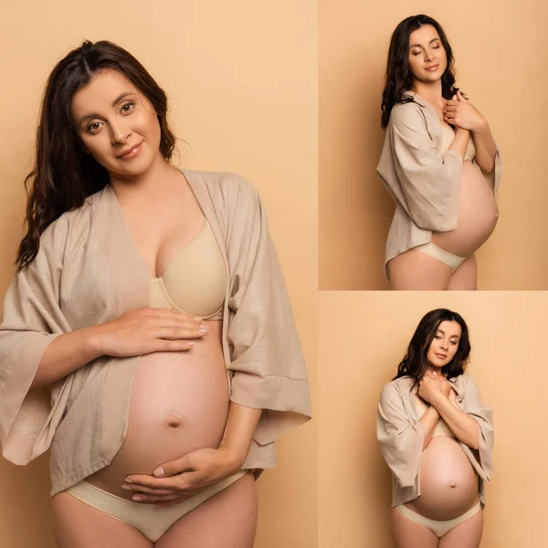 Колаж вагітної жінки торкається живота, дивиться на камеру, і стоїть з затиснутими руками і закритими очима на бежеві. — стокове фото