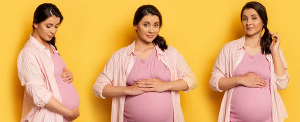 Collage einer jungen Schwangeren, die den Bauch berührt und in die Kamera blickt, auf gelber, panoramischer Aufnahme — Stockfoto