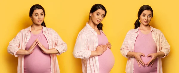 Collage of pregnant woman showing heart symbol, protective gesture and touching tummy on yellow, horizontal concept — Stock Photo
