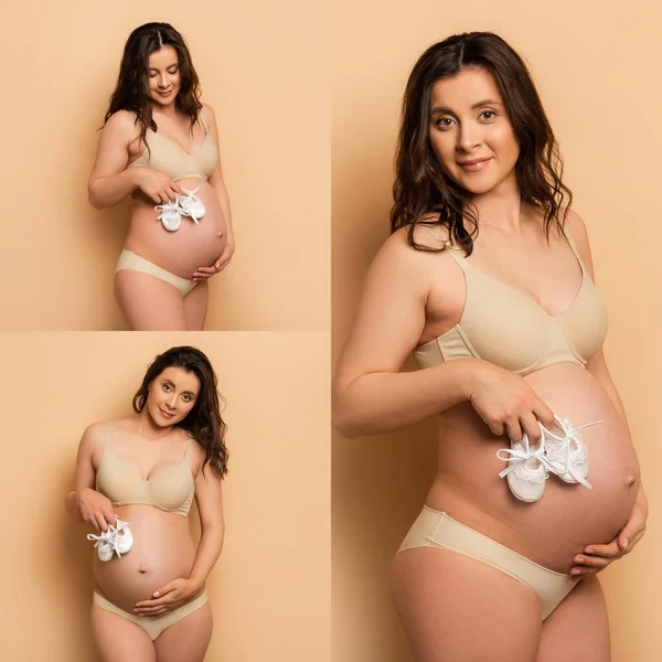 Collage de jeune femme enceinte en lingerie tenant des chaussons de bébé et regardant la caméra sur beige — Photo de stock