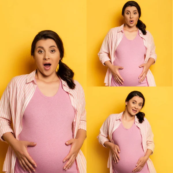 Collage of surprised pregnant woman touching tummy and looking at camera on yellow — Stock Photo