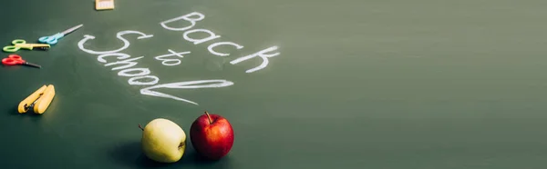 Foco seletivo de maçãs maduras perto de volta para a escola lettering e material escolar em quadro-negro verde, tiro panorâmico — Fotografia de Stock