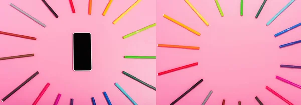 Collage of smartphone with blank screen and circle frames of multicolored felt pens on pink, panoramic shot — Stock Photo