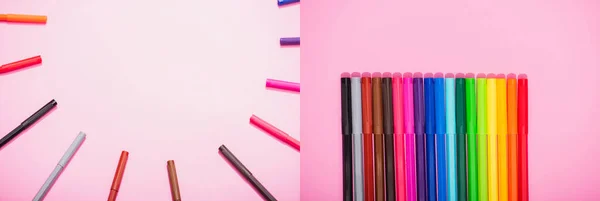 Колаж порожньої рамки і ряд різнокольорових ручок з фетру, горизонтальна концепція — стокове фото