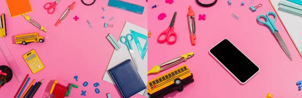 Collage of school stationery near smartphone with blank screen and school bus model on pink, horizontal concept — Stock Photo