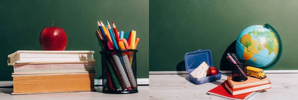 Collage of ripe apple on books near pen holder, globe near lunch box and school bus model on books near green chalkboard, horizontal image — Stock Photo