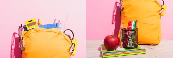 Colagem de mochila cheia de material escolar perto de cadernos, suporte de maçã e caneta com canetas de feltro em rosa, imagem horizontal — Stock Photo