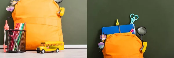 Collage de sac à dos jaune avec fournitures scolaires près du modèle d'autobus scolaire et porte-stylo sur le bureau près du tableau vert — Photo de stock