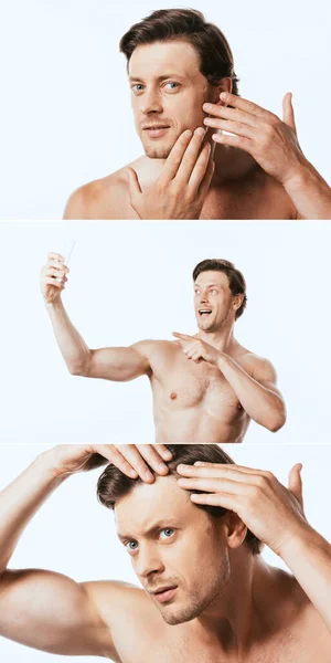 Colagem de homem sem camisa tocando pele, cabelo e tomando selfie com smartphone isolado no branco — Fotografia de Stock
