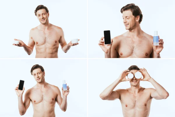 Collage d'homme torse nu tenant des pots de crèmes cosmétiques, bouteille de lotion et smartphone isolé sur blanc — Photo de stock
