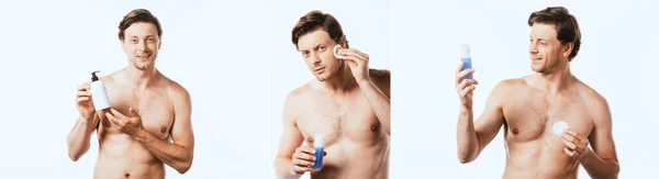 Collage eines Mannes ohne Hemd, der eine Flasche Lotion hält und Toner isoliert auf Weiß aufträgt — Stockfoto