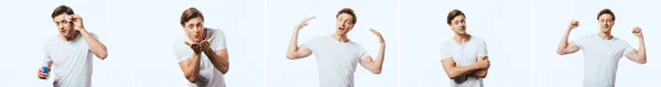 Collage of young man applying lotion with cotton pad and gesturing isolated on white — Stock Photo