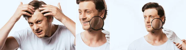 Collage de l'homme insatisfait touchant les cheveux et dermatologue tenant loupe près du visage du patient isolé sur blanc — Photo de stock