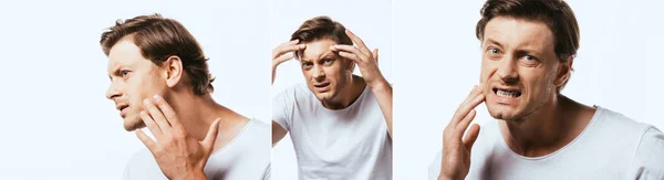 Collage eines unzufriedenen Mannes, der die Haut im Gesicht berührt, isoliert auf Weiß — Stockfoto