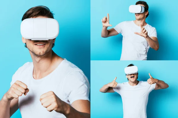 Colagem de homem em vr fone de ouvido gesticulando em fundo azul — Fotografia de Stock