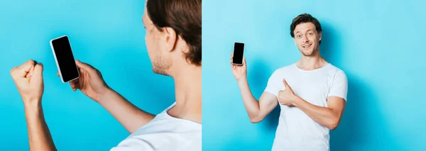 Collage de jeune homme montrant geste ouais et pouce levé tout en tenant smartphone sur fond bleu — Photo de stock