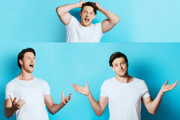 Collage de hombre enojado y loco en camiseta blanca sobre fondo azul - foto de stock