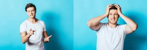 Collage de hombre enojado señalando con el dedo a la cámara sobre fondo azul - foto de stock