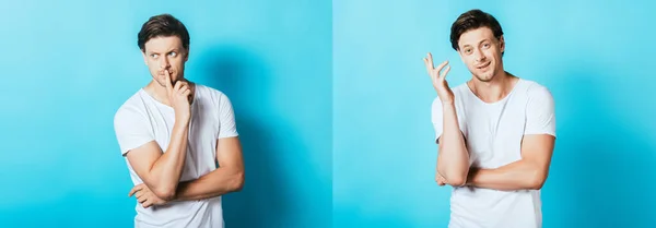 Collage of young man in white t-shirt gesturing on blue background — Stock Photo